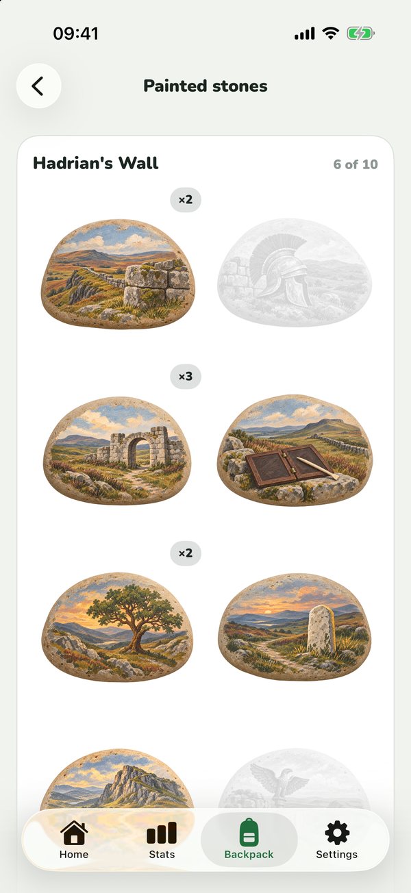 A collection of hand-painted stones from Hadrian's Wall, with some still to find