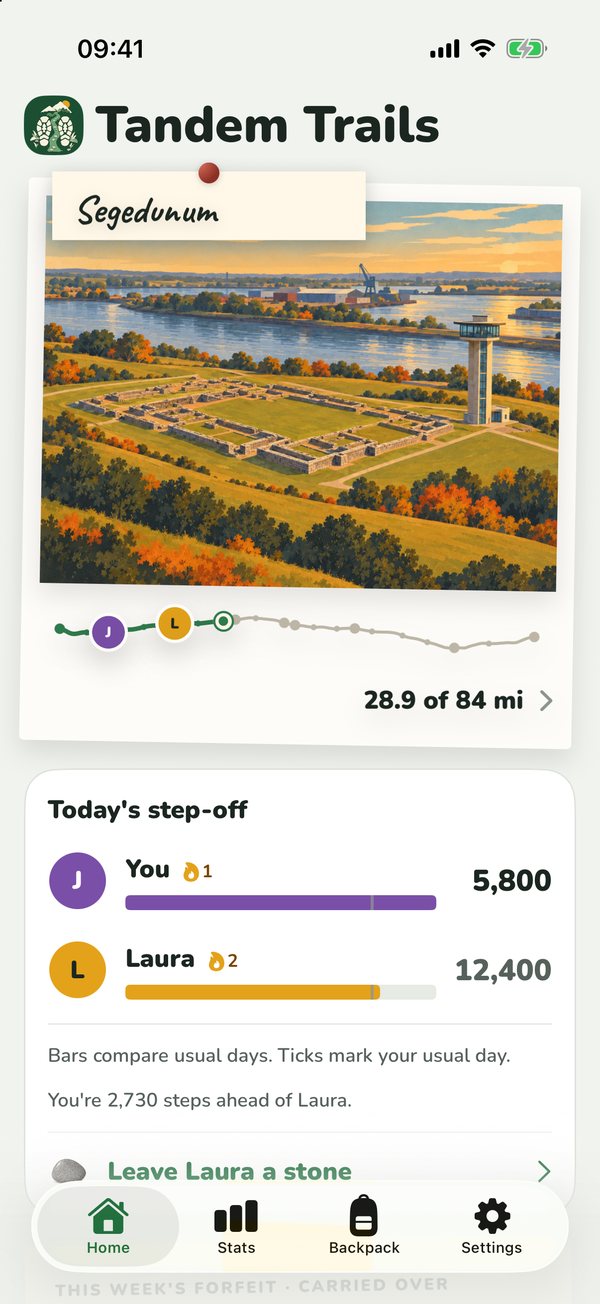 The Today's step-off card with two progress bars, Laura ahead, and an option to leave her a stone