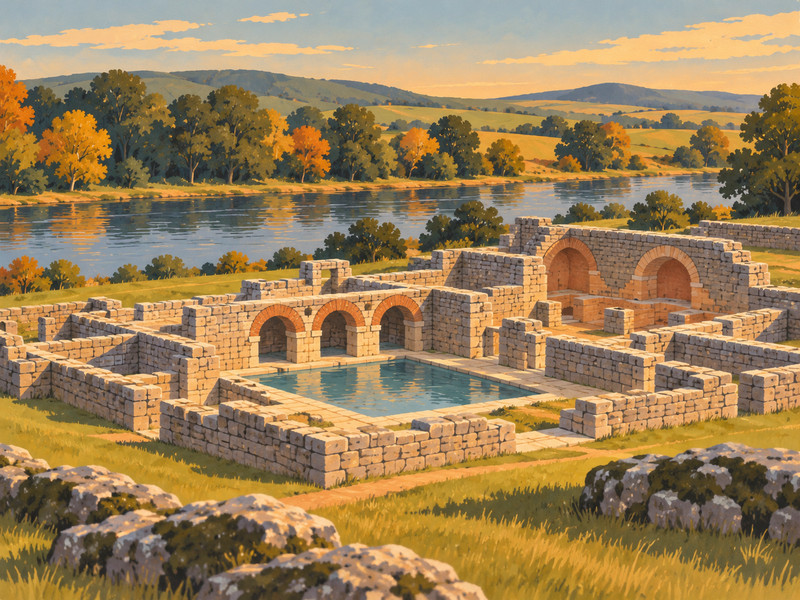 Illustrated Roman bath house ruins at Chesters beside the river on Hadrian's Wall Path